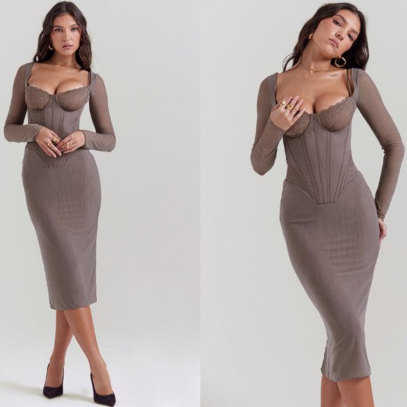 House of CB Dresses & Skirts - House of CB ‘Safran’ Mocha Corset Midi Dress NWOT